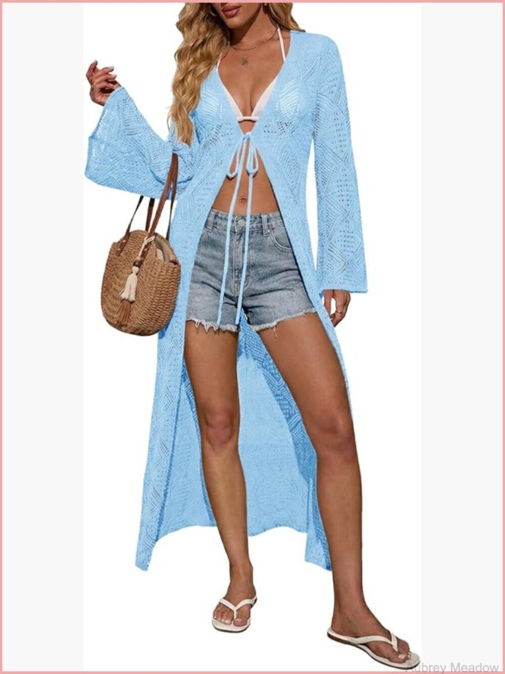 Crochet Beach Cover Up Tie Front Bell Sleeve Lightweight Knit Long Cardigan